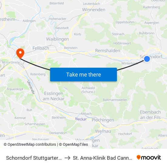 Schorndorf Stuttgarter Str. to St. Anna-Klinik Bad Cannstatt map