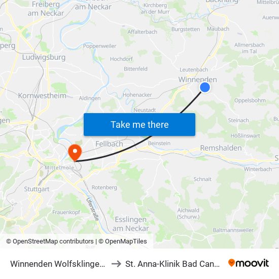 Winnenden Wolfsklingenweg to St. Anna-Klinik Bad Cannstatt map