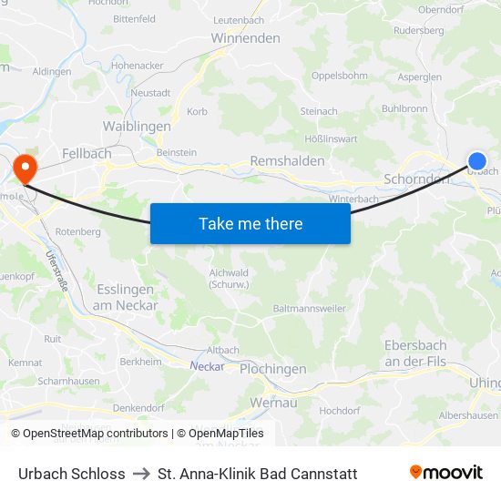 Urbach Schloss to St. Anna-Klinik Bad Cannstatt map