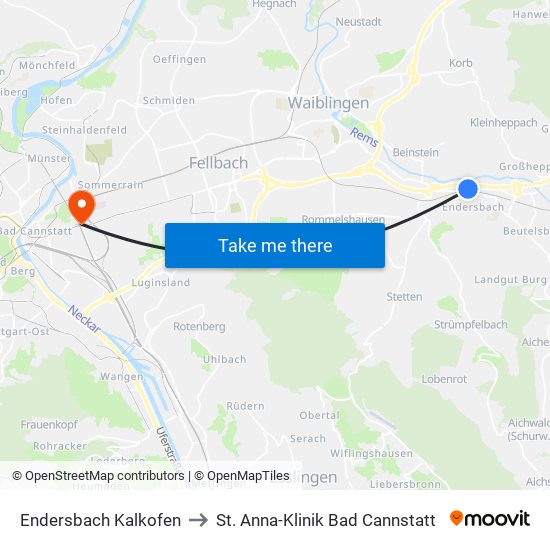 Endersbach Kalkofen to St. Anna-Klinik Bad Cannstatt map