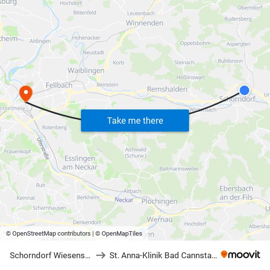 Schorndorf Wiesenstr. to St. Anna-Klinik Bad Cannstatt map