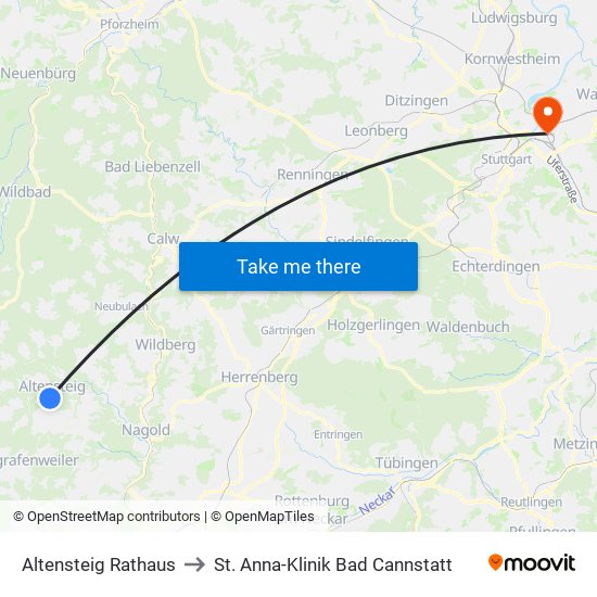 Altensteig Rathaus to St. Anna-Klinik Bad Cannstatt map
