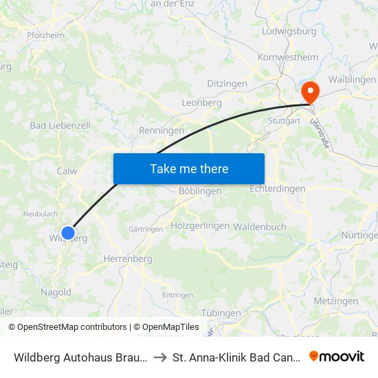 Wildberg Autohaus Braun/Lidl to St. Anna-Klinik Bad Cannstatt map