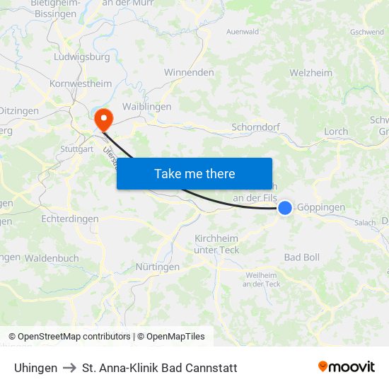 Uhingen to St. Anna-Klinik Bad Cannstatt map