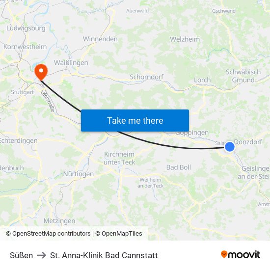 Süßen to St. Anna-Klinik Bad Cannstatt map