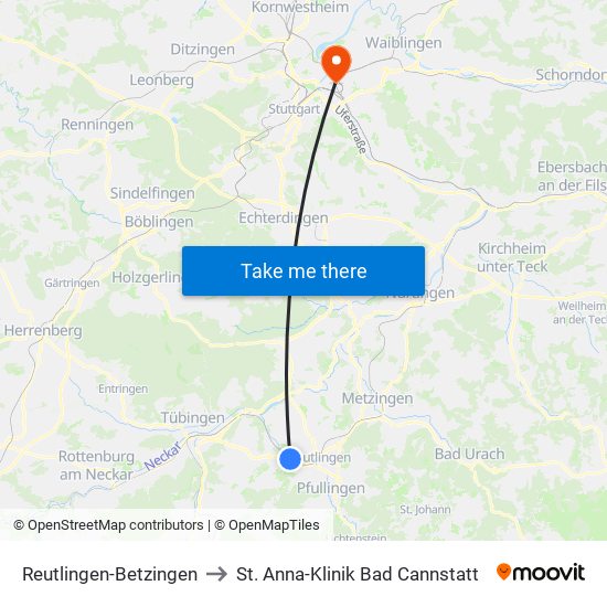 Reutlingen-Betzingen to St. Anna-Klinik Bad Cannstatt map