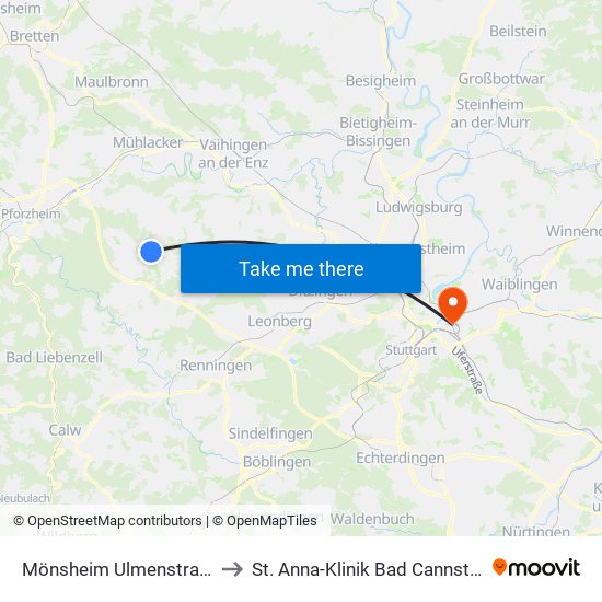 Mönsheim Ulmenstraße to St. Anna-Klinik Bad Cannstatt map