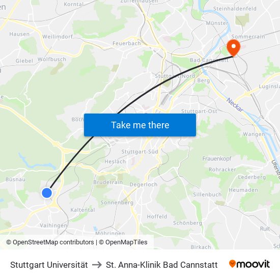 Stuttgart Universität to St. Anna-Klinik Bad Cannstatt map