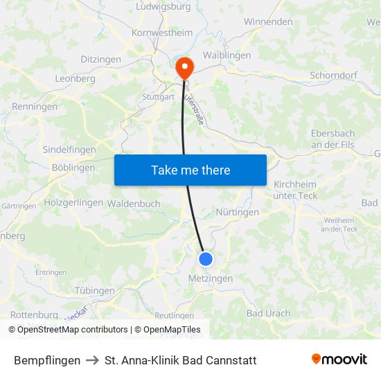 Bempflingen to St. Anna-Klinik Bad Cannstatt map