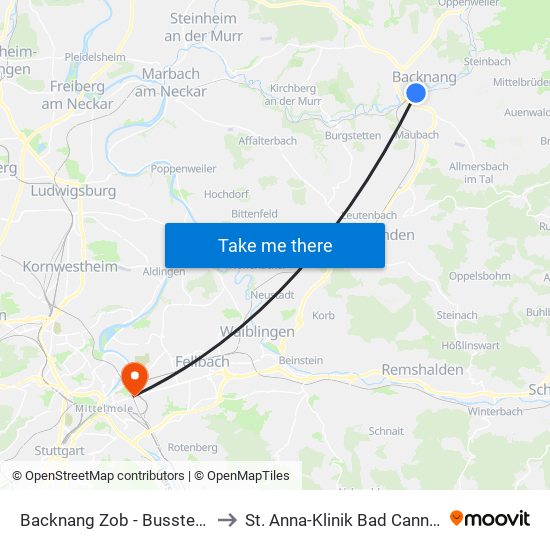 Backnang Zob - Bussteig 5a to St. Anna-Klinik Bad Cannstatt map