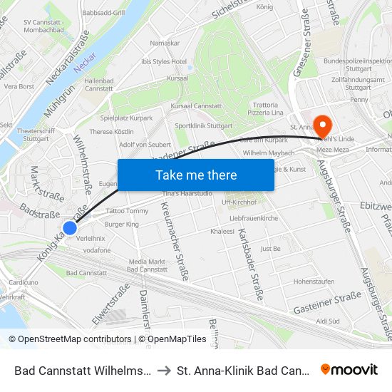 Bad Cannstatt Wilhelmsplatz to St. Anna-Klinik Bad Cannstatt map