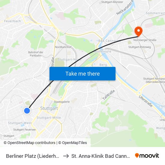 Berliner Platz (Liederhalle) to St. Anna-Klinik Bad Cannstatt map