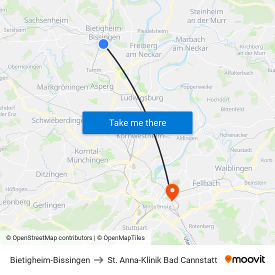 Bietigheim-Bissingen to St. Anna-Klinik Bad Cannstatt map
