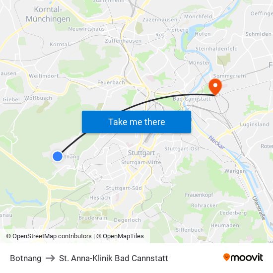 Botnang to St. Anna-Klinik Bad Cannstatt map