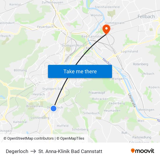 Degerloch to St. Anna-Klinik Bad Cannstatt map