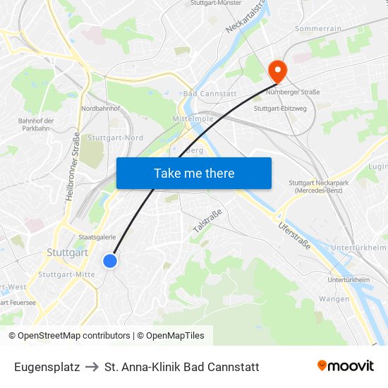 Eugensplatz to St. Anna-Klinik Bad Cannstatt map