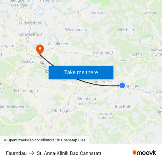 Faurndau to St. Anna-Klinik Bad Cannstatt map