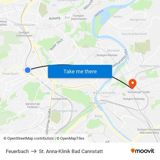 Feuerbach to St. Anna-Klinik Bad Cannstatt map