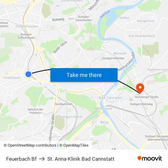 Feuerbach Bf to St. Anna-Klinik Bad Cannstatt map