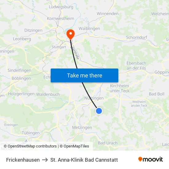 Frickenhausen to St. Anna-Klinik Bad Cannstatt map