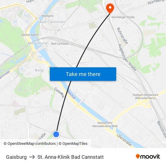 Gaisburg to St. Anna-Klinik Bad Cannstatt map