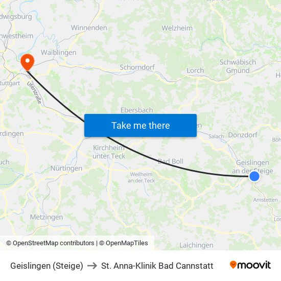 Geislingen (Steige) to St. Anna-Klinik Bad Cannstatt map