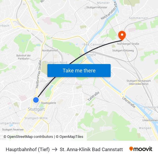 Hauptbahnhof (Tief) to St. Anna-Klinik Bad Cannstatt map