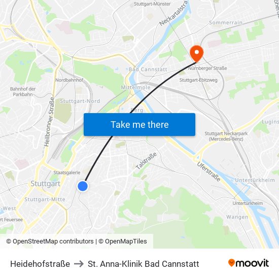 Heidehofstraße to St. Anna-Klinik Bad Cannstatt map