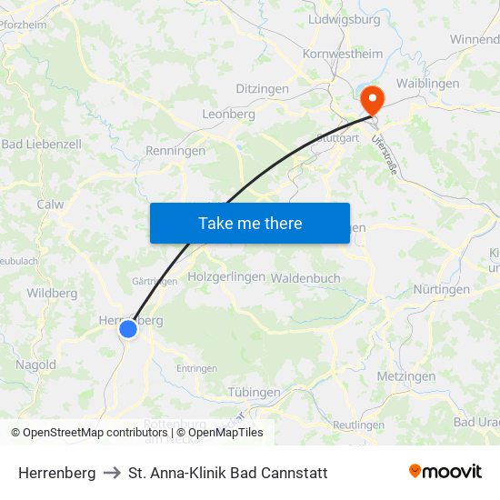 Herrenberg to St. Anna-Klinik Bad Cannstatt map