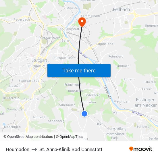 Heumaden to St. Anna-Klinik Bad Cannstatt map