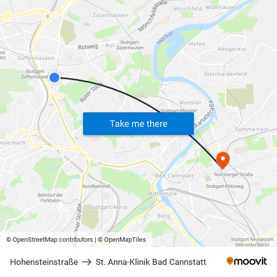 Hohensteinstraße to St. Anna-Klinik Bad Cannstatt map
