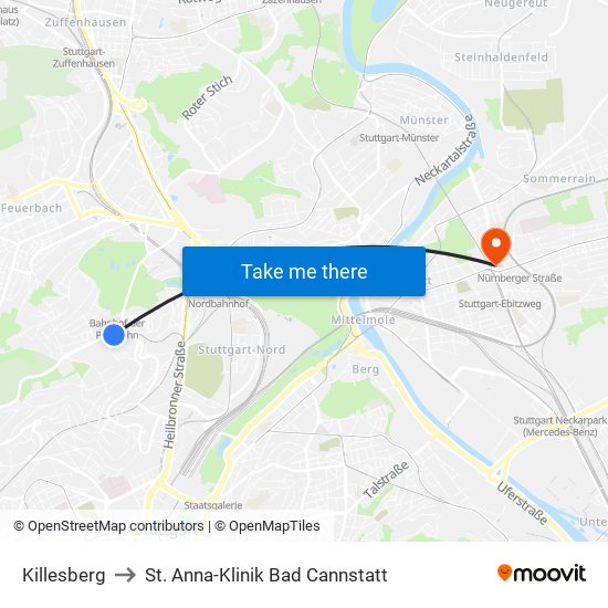 Killesberg to St. Anna-Klinik Bad Cannstatt map