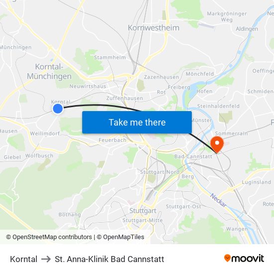Korntal to St. Anna-Klinik Bad Cannstatt map
