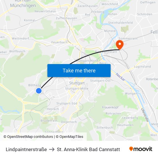 Lindpaintnerstraße to St. Anna-Klinik Bad Cannstatt map