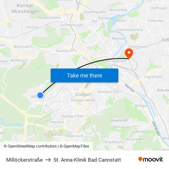 Millöckerstraße to St. Anna-Klinik Bad Cannstatt map