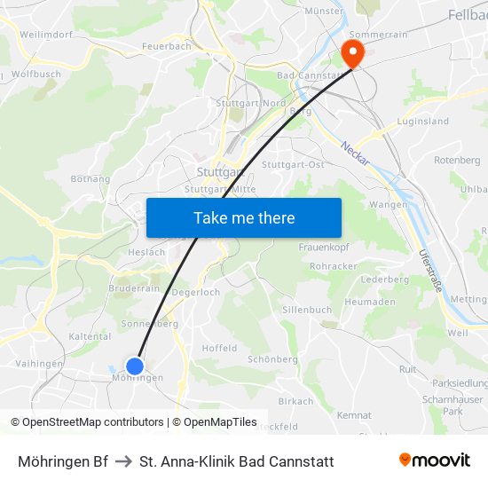Möhringen Bf to St. Anna-Klinik Bad Cannstatt map