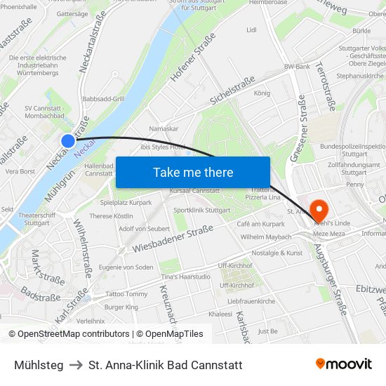 Mühlsteg to St. Anna-Klinik Bad Cannstatt map