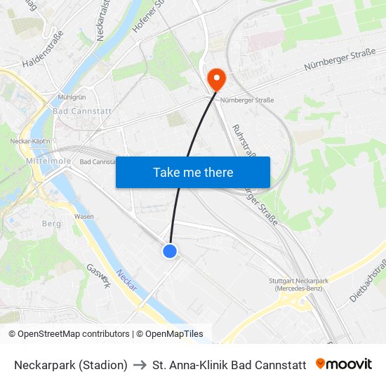 Neckarpark (Stadion) to St. Anna-Klinik Bad Cannstatt map