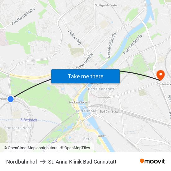 Nordbahnhof to St. Anna-Klinik Bad Cannstatt map