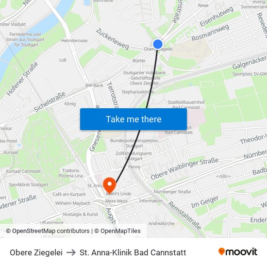 Obere Ziegelei to St. Anna-Klinik Bad Cannstatt map