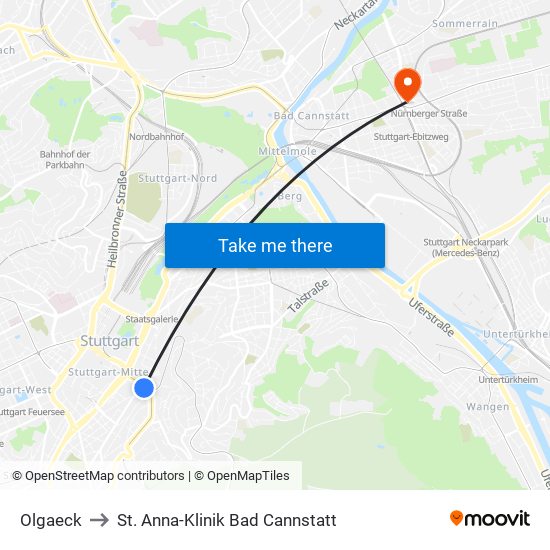 Olgaeck to St. Anna-Klinik Bad Cannstatt map