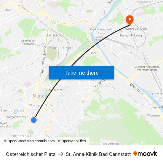 Österreichischer Platz to St. Anna-Klinik Bad Cannstatt map