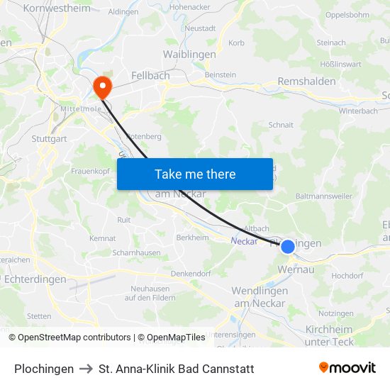 Plochingen to St. Anna-Klinik Bad Cannstatt map