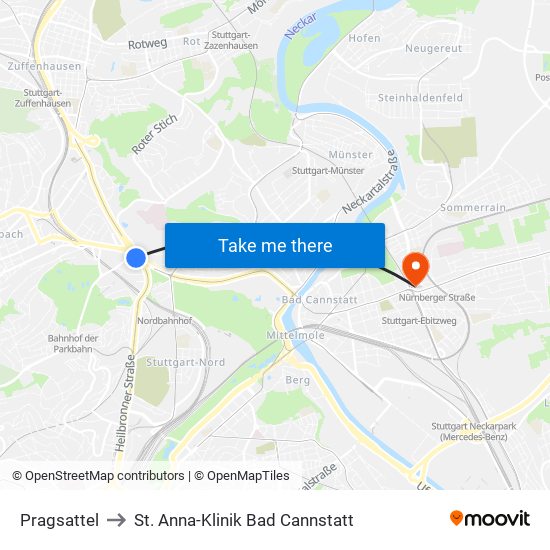 Pragsattel to St. Anna-Klinik Bad Cannstatt map