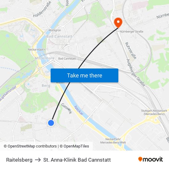 Raitelsberg to St. Anna-Klinik Bad Cannstatt map