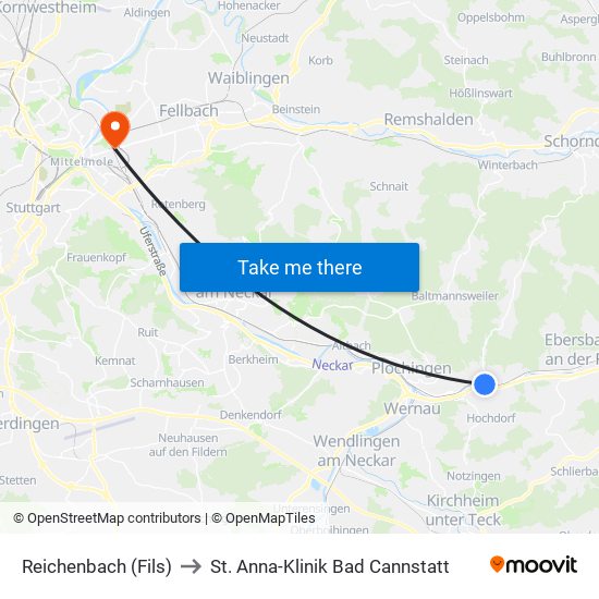 Reichenbach (Fils) to St. Anna-Klinik Bad Cannstatt map