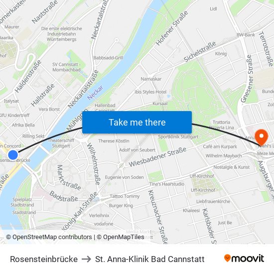 Rosensteinbrücke to St. Anna-Klinik Bad Cannstatt map