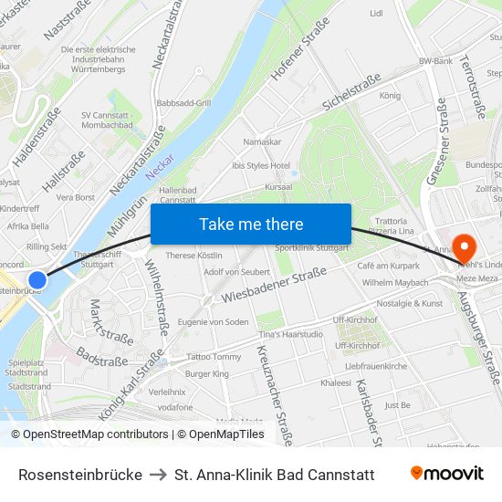 Rosensteinbrücke to St. Anna-Klinik Bad Cannstatt map