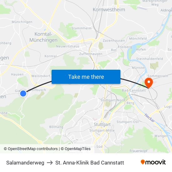 Salamanderweg to St. Anna-Klinik Bad Cannstatt map