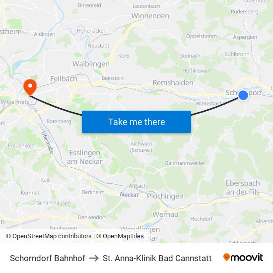Schorndorf Bahnhof to St. Anna-Klinik Bad Cannstatt map